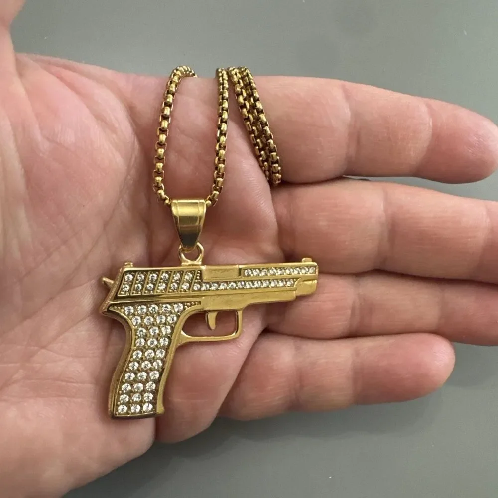 Stainless Steel Pendant Gun Glock Hip Hop Cubic Zirconia 24” Chain Gold Plated